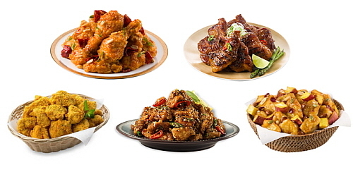 (윗줄 시계방향 ‘치하오’, ‘갈비레오’ 아랫줄 왼쪽부터 ‘순살 뿌링클’, ‘순살 맛초킹’, ‘순살 스윗츄’)...bhc치킨 제공