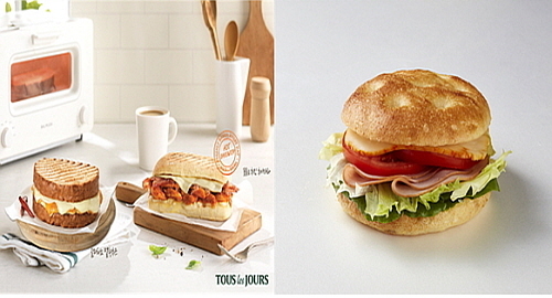 뚜레쥬르 핫 샌드위치 2종(좌) 및 투썸플레이스 햄치즈 포카치아 샌드위치(우)...사진=각사 제공