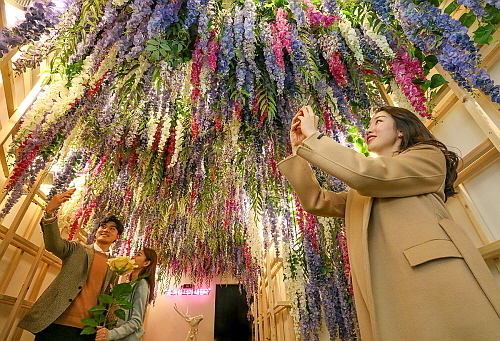 더 플라워 설렘충전소에서 고객들이 인증샷을 찍고 있는 모습...<사진=현대백화점 제공>