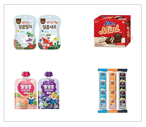<이미지(좌상단 시계방향): 복음자리 ‘바다간식’, 해태제과 ‘오예스 미니’, 매일유업 ‘상하치즈 미니’, 팔도 ‘뽀로로 워터젤리’ 제품 컷>...각사 제공