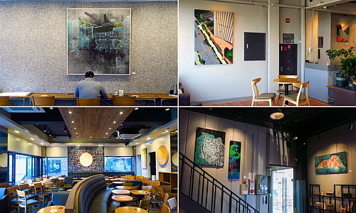 (좌상단 시계방향으로) 장민경 '일상의 이면 ', 류주현 '정오의 모양', 김용한 '걸어온 길 - 되돌아보다', 정광민 '소리의 형태' 전시 컷...출처:탐앤탐스