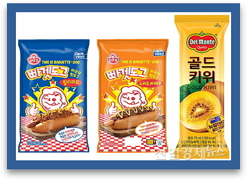빠겟도그(좌), 골드키위바(우)...<사진=오뚜기, 롯데푸드 제공>