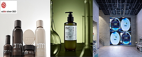 2023 레드닷 디자인 어워드 수상작 연출 컷.. 좌측부터 ‘프리메라 오가니언스 베리어 리페어 라인’, ‘려 루트젠’, ‘아모레팩토리’ <사진=아모레퍼시픽 제공>