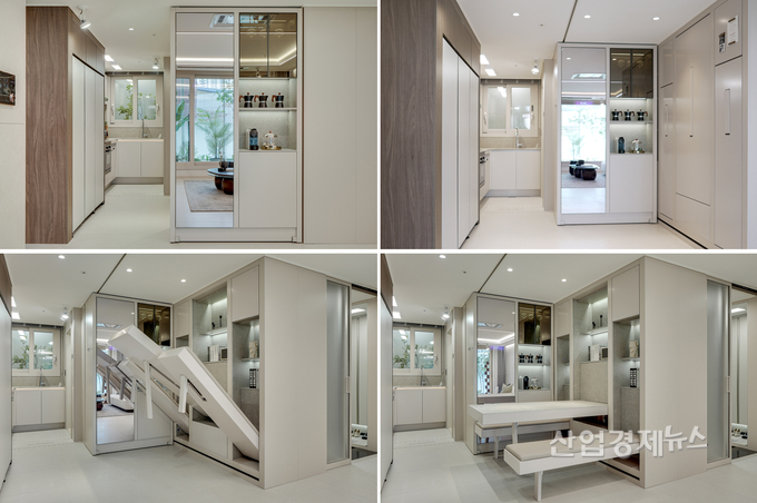 무빙 수납장과 전동 벽체식 다이닝 테이블의 배치로 공간 활용성을 극대화한 ‘H 트랜스포밍 월&퍼니처Ⅱ’ 사진=현대건설