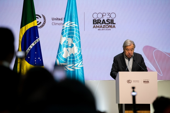 11월 20일 COP30 블루존 공식 행사에 참여한 안토니우 구테흐스(António Guterres) UN 사무총장이 연설하고 있다(사진 제공: WWF)