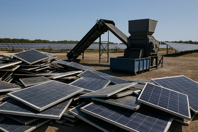 폐기된 태양광 패널이 재활용 공정으로 이동하는 산업 현장, 자원 순환과 공급망 안정화를 위한 기술적 전환을 보여준다. 사진은 AI 생성 이미지