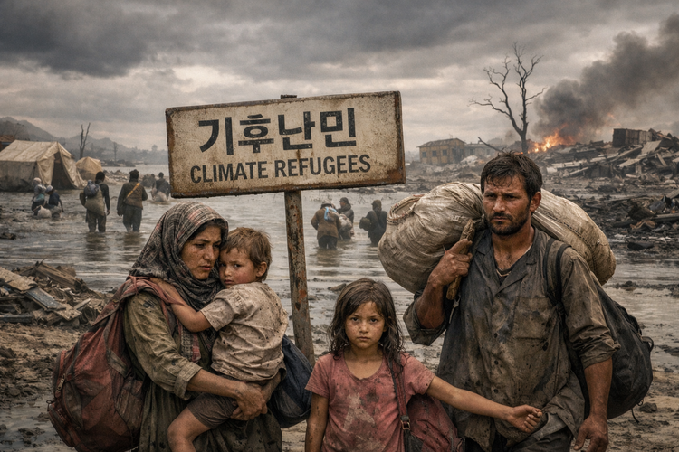 기후위기가 심화되는 만큼 ‘기후난민’이라는 용어 역시 일상화되어가고 있다. 그럼에도 현실은 여전히 기후난민의 공식적인 법제화는 요원한 게 사실이다. 사진은 AI 생성 이미지.